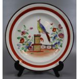 19th Century Swansea cabinet plate, 'Bird on a pedestal', hand painted with flowers and foliage.