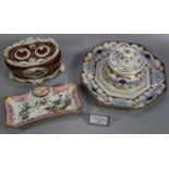 Three continental porcelain single and double inkwells to include: Limoges, Dresden and another,