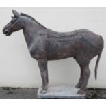 Near life-size Chinese terracotta pottery horse with pad saddle on rectangular base. Overall 1.5M