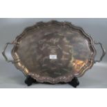 Oval two handled silver piecrust edge presentation tray, overall with engraved signatures.