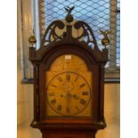 19th century oak eight day long case clock having fretwork pediment above arched aperture flanked by