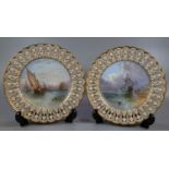 Pair of 19th Century Minton hand painted cabinet plates with pierced floral and gilded borders,