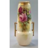 Royal Worcester porcelain two handled vase, the body decorated with roses and foliage, having gilded