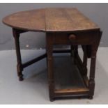 18th Century oak gate legged table, having single drawer above baluster turned legs and moulded
