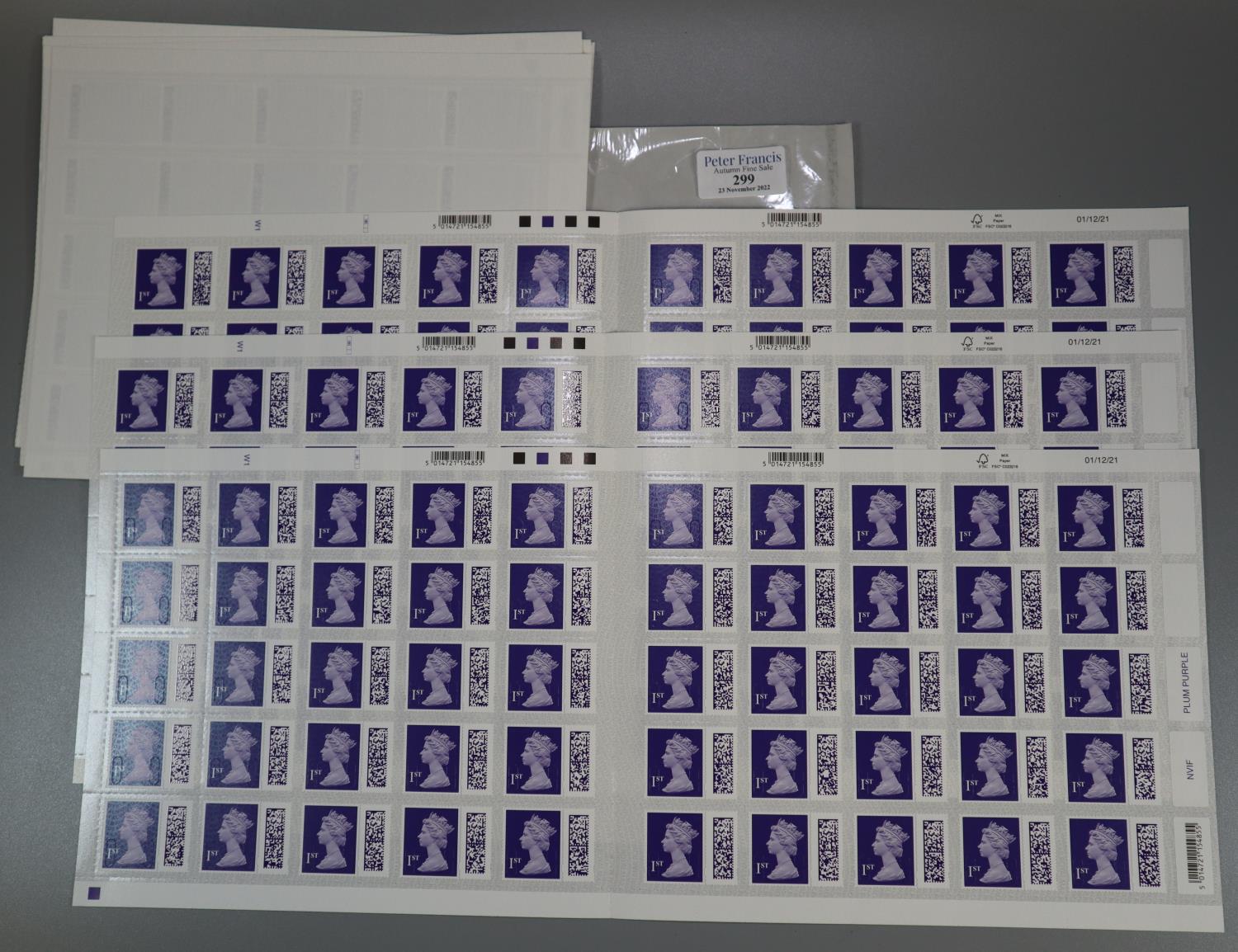 Great Britain New Barcoded First Class stamps, 10 sheets of 50 stamps, from the Royal Mail stamp