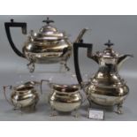 Silver baluster shaped four piece tea and coffee set by Walker & Hall, Sheffield. Comprises; teapot,