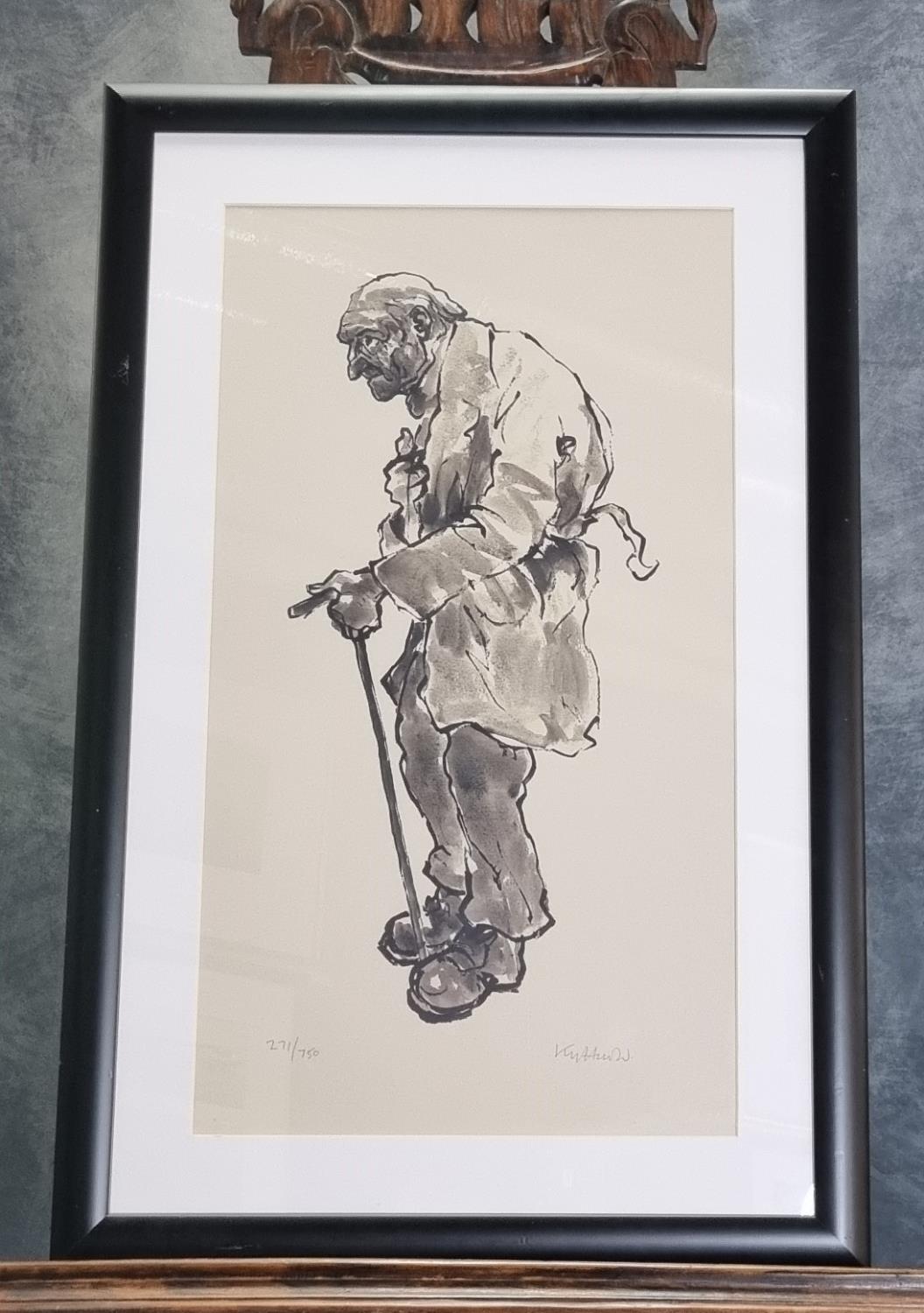 After Sir John 'Kyffin' Williams KBE (Welsh 1918-2006), old man leaning on his gnarled stick,