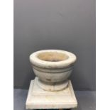 White veined marble font design planter on square tapering base. Diameter 54cm total height 51cm