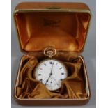 9ct gold open faced keyless lever pocket watch having white enamel face with Roman numerals and