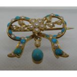 15ct gold turquoise and pearl bow brooch. Approx weight 4.9 grams. (B.P. 21% + VAT)