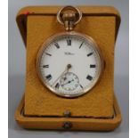 Waltham 9ct gold keyless lever open faced pocket watch with white enamel face having Roman