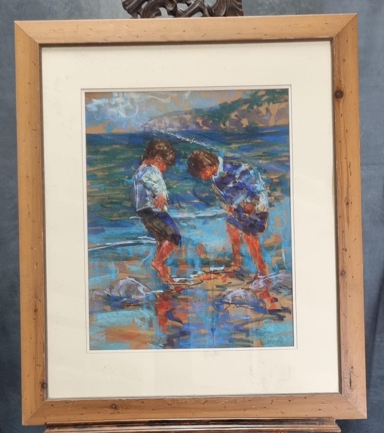 Sue Mcdonagh (20th century working in Wales), Children playing on a beach, signed, pastels and