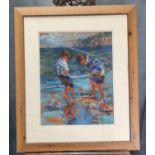 Sue Mcdonagh (20th century working in Wales), Children playing on a beach, signed, pastels and