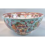 Large Chinese porcelain 18th century Punch Bowl, decorated all over with cartouches of family scenes