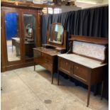 Edwardian mahogany ornately inlaid two piece bedroom suit, to include: large mirrored double door