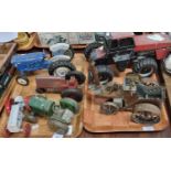 Collection of vintage tin plate and other tractors in playworn condition, one appearing to be a