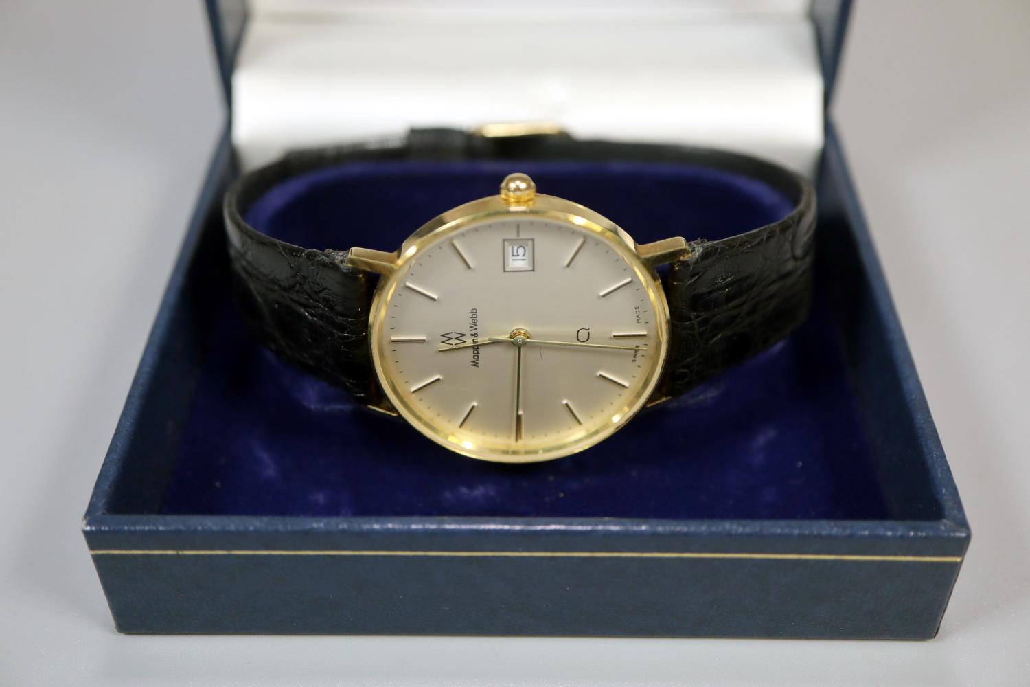 Yellow metal Mappin & Webb presentation gent's wristwatch dated 1985 with black leather strap, in - Image 2 of 4