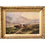 Henry Robinson Hall (1859-1927), Highland cattle in a Scottish glen, signed, oils on canvas.