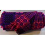Vintage woollen Welsh tapestry traditional Caernarfon design blanket on purple ground with fringed