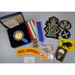 Collection of GB silver coins and military items to include: boxed medallions, uniform patches,