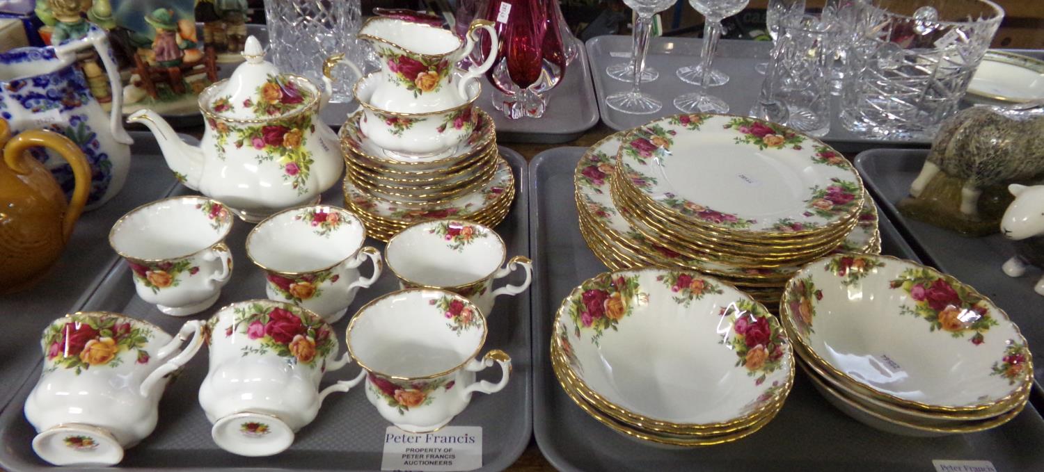 Two trays of Royal Albert 'Old Country Roses' English bone china to include; 21 piece teaset with