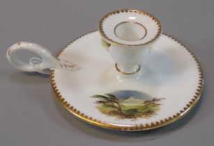 Early 19th Century porcelain chamber stick overall painted with country scenes. (B.P. 21% + VAT)