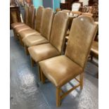 Good quality set of six oak and brown leather high back modern dining chairs with brass studwork. (