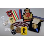 Plastic box of GB silver coins and military items, to include: boxed medallions, uniform patches,