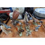 Tray of bird figures: Goebel West German pheasant, woodpecker, falcon, nuthatch, robin, wren,