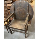 Early 20th century oak monks bench/open armchair. (B.P. 21% + VAT)