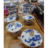 Booths hot chocolate set decorated in blue and white with Chinese dragons and gold finials: four