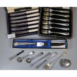 Collection of assorted silver and silver mounted items to include: pickle fork, tweezers,