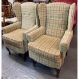 Pair of modern Queen Anne style high wing back upholstered armchairs with tartan design. (2) (B.P.