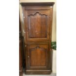 19th century oak double free standing corner cupboard, the moulded detail cornice above two doors