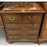 Reproduction mahogany inlaid straight front narrow chest of two short and three long drawers on