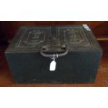 Victorian cast iron two handled revenue strong box, with crown over 'R' and crow's foot mark, each