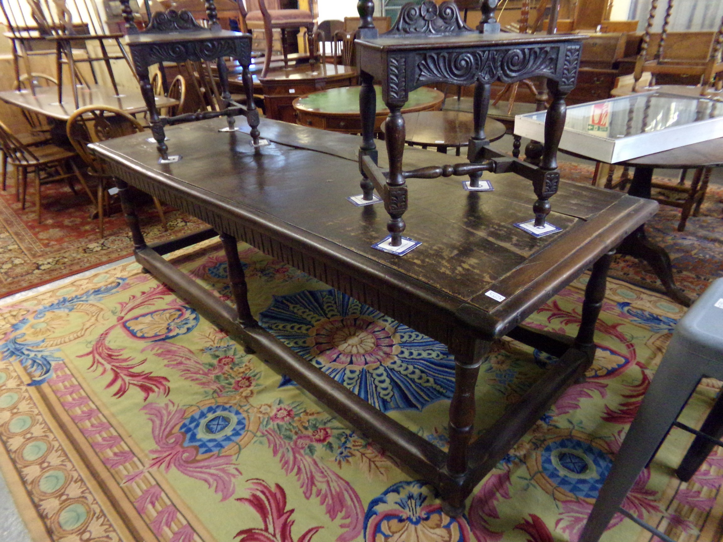 17th century style oak refectory table having framed two plank top over arcade frieze with - Image 4 of 6