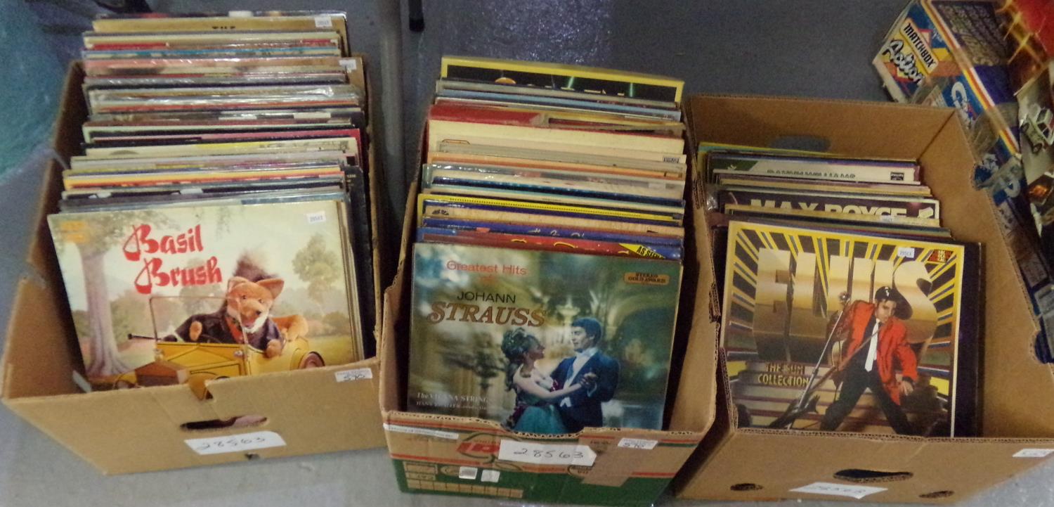 Three boxes of vintage vinyl LP's to include: various Elvis; 'The Sun Collection' etc, 'Wild is