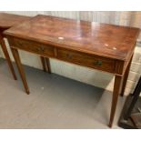 Reproduction yew wood two drawer side table on fluted tapering legs. (B.P. 21% + VAT)