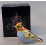 Royal Crown Derby bone china paperweight 'Waxwing', with gold stopper and original box. (B.P.