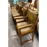 Set of six 17th century style oak and leather dining chairs (4+2) (6) with metal studwork design,