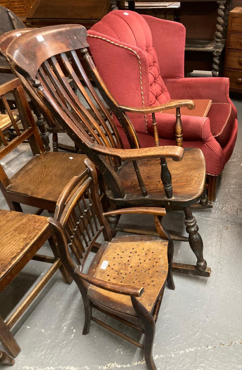 Late Victorian elm slat back farmhouse rocking armchair together with a small spindle back child's/