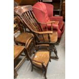 Late Victorian elm slat back farmhouse rocking armchair together with a small spindle back child's/