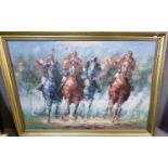 Modern furnishing painting, horse racing scene, indistinctly signed, oils on board. 62 x 93cm