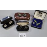 Four pairs of assorted cufflinks to include: silver and hardstone shamrock design, two pairs of