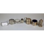 Bag of silver items, to include: condiment set, marked 'God the only founder', silver rimmed and