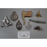 Assorted silver and other pin badges, fobs etc, various. (B.P. 21% + VAT)