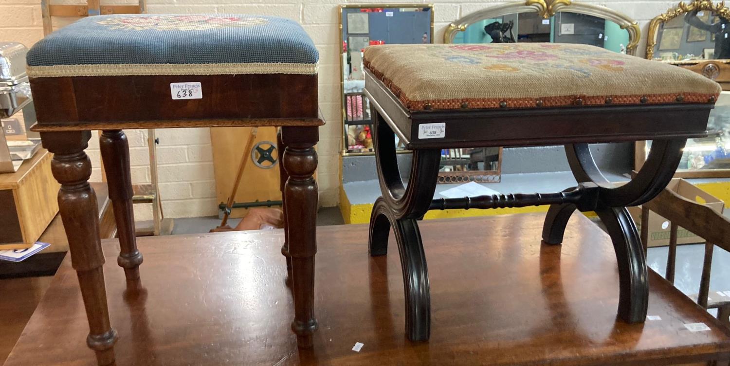 Two mahogany upholstered floral foot stools. (2) (B.P. 21% + VAT)