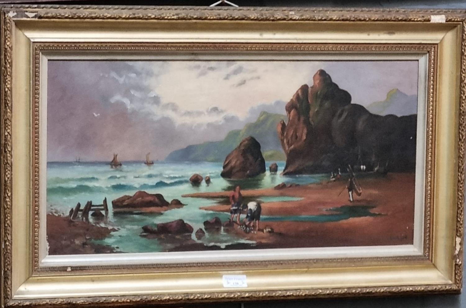 H.M.S, a Gower beach with cocklers and fishing smacks, signed with initials, dated '06, oils on