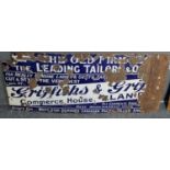Large single sided enamel advertising sign 'Griffiths & ? the leading tailors' distressed condition,